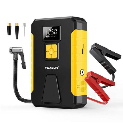 FOXSUR Portable Emergency Car Starter with Air Pump compact jump starter and air pump kit with clamps and nozzle attachments