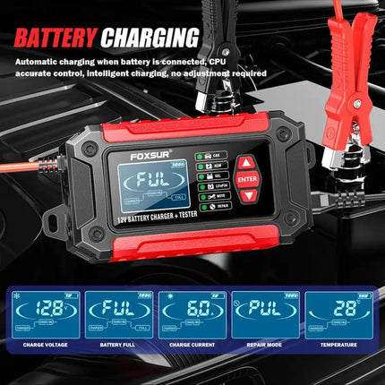 Foxsur 2 In 1 12V Battery Charger And Tester With EU US UK AU Plugs