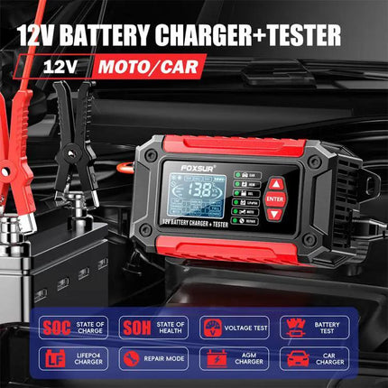Foxsur 2 In 1 12V Battery Charger And Tester With EU US UK AU Plugs