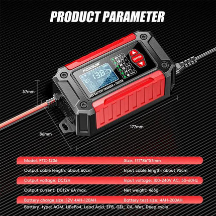 Foxsur 2 In 1 12V Battery Charger And Tester With EU US UK AU Plugs