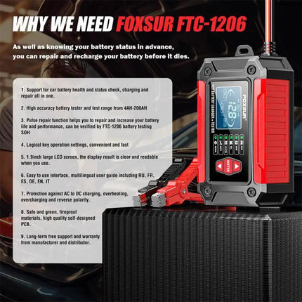 Foxsur 2 In 1 12V Battery Charger And Tester With EU US UK AU Plugs