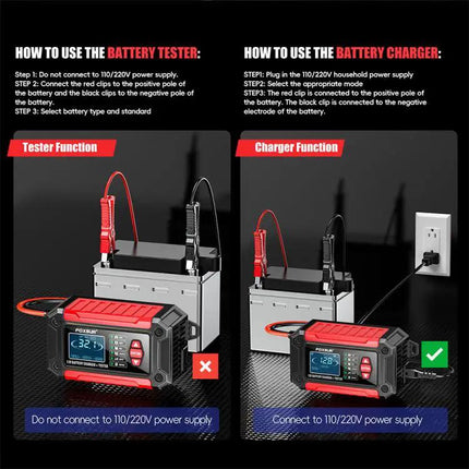 Foxsur 2 In 1 12V Battery Charger And Tester With EU US UK AU Plugs