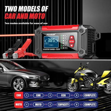 Foxsur 2 In 1 12V Battery Charger And Tester With EU US UK AU Plugs