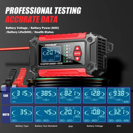 Foxsur 2 In 1 12V Battery Charger And Tester With EU US UK AU Plugs
