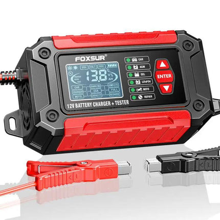 Foxsur 2 In 1 12V Battery Charger And Tester With EU US UK AU Plugs