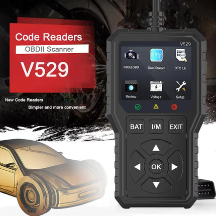 FOXSUR Essential Tool for Everyday Car Fault Checks - handheld OBD2 code reader V529 showing diagnostic menu