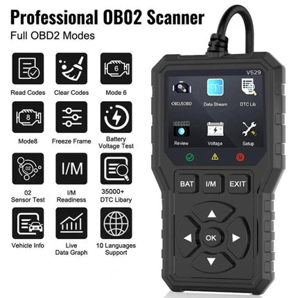FOXSUR Essential Tool for Everyday Car Fault Checks hand-held OBD2 scanner showing screen and function icons