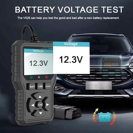 FOXSUR Essential Tool for Everyday Car Fault Checks showing battery voltage test 12.3V on handheld OBD2 scanner