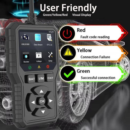 FOXSUR Essential Tool for Everyday Car Fault Checks handheld OBD2 scanner showing red/yellow/green status lights and user-friendly display