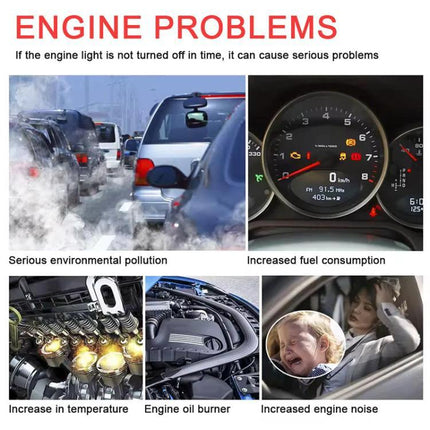 FOXSUR Essential Tool for Everyday Car Fault Checks diagnostic image showing engine problems, dashboard warning light, emissions and engine issues
