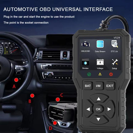FOXSUR Essential Tool for Everyday Car Fault Checks handheld OBD2 scanner showing menu and car interior connection points