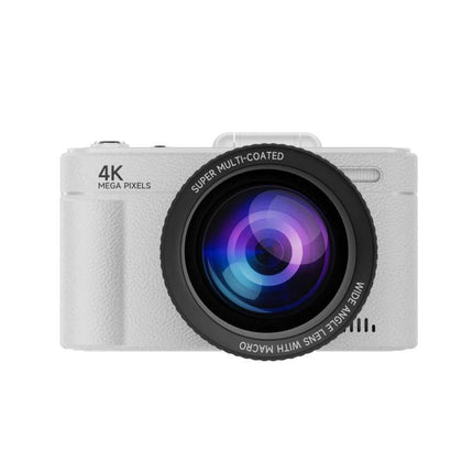 Retro Digital Camera with Flip Screen for Easy Selfies and Photos - white 4K camera front view with large multi-coated lens and LED fill light