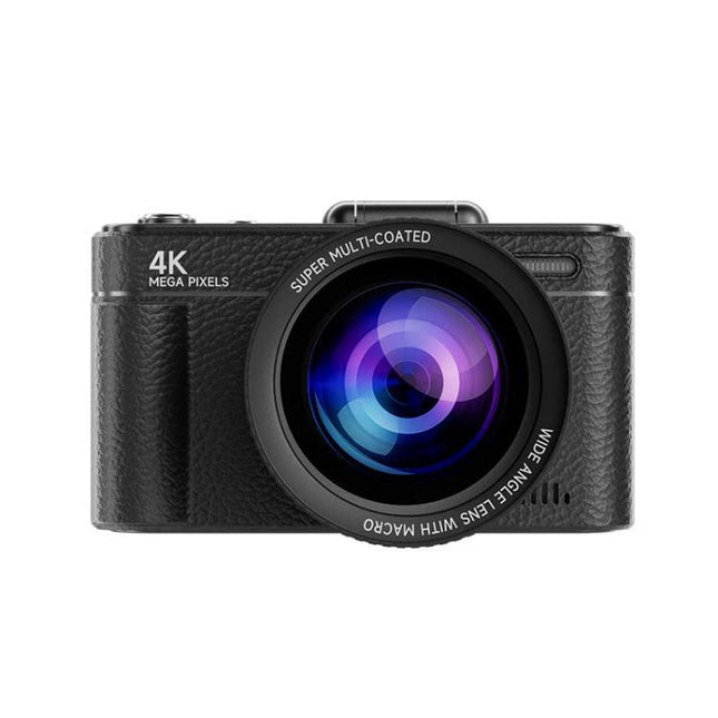 Retro Digital Camera with Flip Screen for Easy Selfies and Photos - Front view of black retro camera with large lens and 4K label