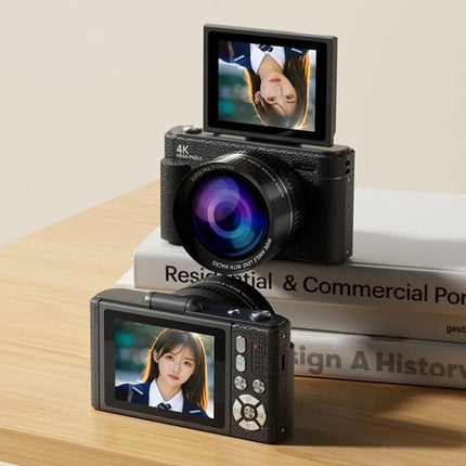 Retro Digital Camera with Flip Screen for Easy Selfies and Photos shown on wooden table with flip screen displaying selfie and rear screen view
