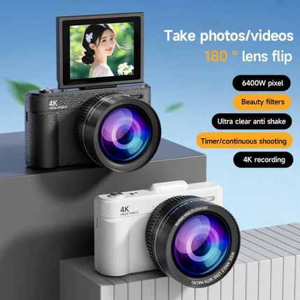 Retro Digital Camera with Flip Screen for Easy Selfies and Photos showing black and white models with 180° flip screen, 4K recording and LED fill light