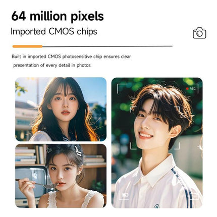 Retro Digital Camera with Flip Screen for Easy Selfies and Photos - collage showing 64MP image quality, flip screen framing and LED fill light portraits