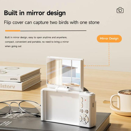 Retro Digital Camera with Flip Screen for Easy Selfies and Photos showing white camera with 180-degree mirror flip screen on table