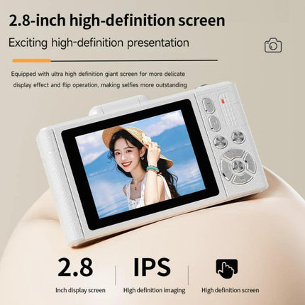 Retro Digital Camera with Flip Screen for Easy Selfies and Photos - white retro camera showing 2.8-inch flip IPS screen with selfie image and controls