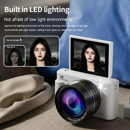 Retro Digital Camera with Flip Screen for Easy Selfies and Photos showing 180° flip screen and built-in LED fill light for low-light portraits