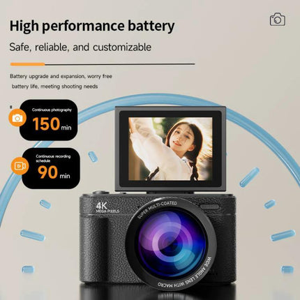 Retro Digital Camera with Flip Screen for Easy Selfies and Photos - black camera with 180° flip screen, LED fill light and long battery life