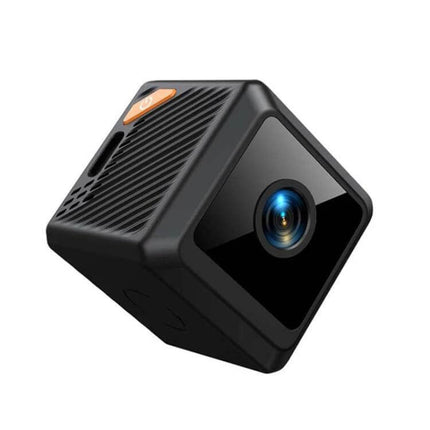 Compact HD WiFi Smart Mini Camera for Home Security Monitoring showing black cube camera with 140-degree wide-angle lens, mobile app remote viewing and motion alerts