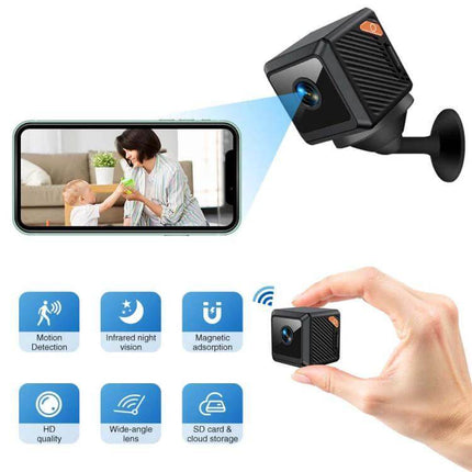 Compact HD WiFi Smart Mini Camera for Home Security Monitoring showing mobile app live view, motion detection, night vision, wide-angle coverage