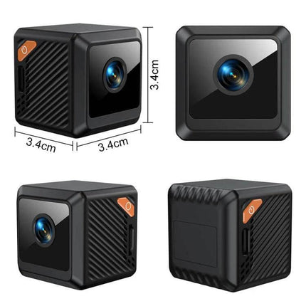 Compact HD WiFi Smart Mini Camera for Home Security Monitoring showing 4-angle views of a 3.4cm cube camera with wide-angle lens and SD card slot