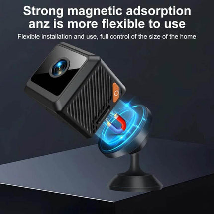 Compact HD WiFi Smart Mini Camera for Home Security Monitoring mounted magnetically on a swivel stand showing 140° wide-angle lens and motion alerts