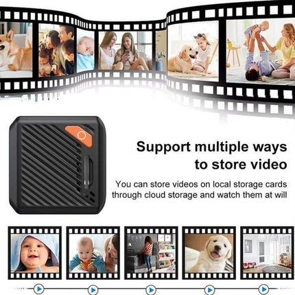 Compact HD WiFi Smart Mini Camera for Home Security Monitoring showing compact camera, wide-angle footage of family, pets, and cloud/local video storage