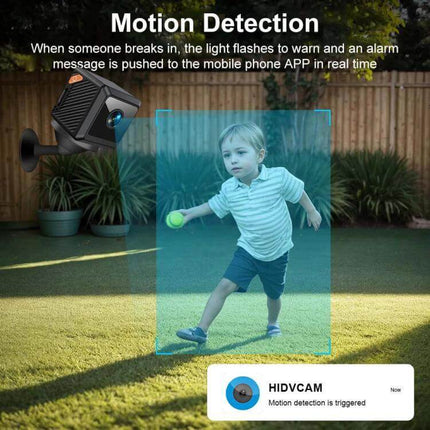 Compact HD WiFi Smart Mini Camera for Home Security Monitoring capturing motion detection of child playing in backyard, mobile app alert displayed