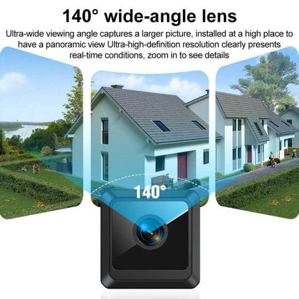 Compact HD WiFi Smart Mini Camera for Home Security Monitoring showing 140° wide-angle lens capturing panoramic view of house and yard