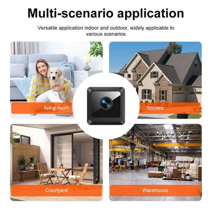 Compact HD WiFi Smart Mini Camera for Home Security Monitoring showing multi-scenario uses: living room, houses, courtyard, warehouse with 140-degree wide-angle lens