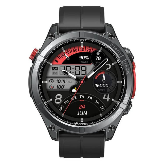 Zeblaze Smart Watch for Everyday Outdoor Exploration — black rugged smartwatch with 1.43-inch AMOLED, GPS, heart rate and step tracking on round display