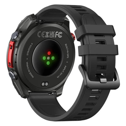 Zeblaze Smart Watch for Everyday Outdoor Exploration showing rear sensors, GPS labeling and black rugged strap with 1.43-inch AMOLED display features