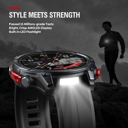 Zeblaze Smart Watch for Everyday Outdoor Exploration showing 1.43-inch AMOLED, built-in LED flashlight and rugged design for hiking and urban exploration