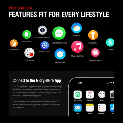 Zeblaze Smart Watch for Everyday Outdoor Exploration showing app features like GPS, heart rate, notifications, weather and fitness tracking on 1.43-inch AMOLED