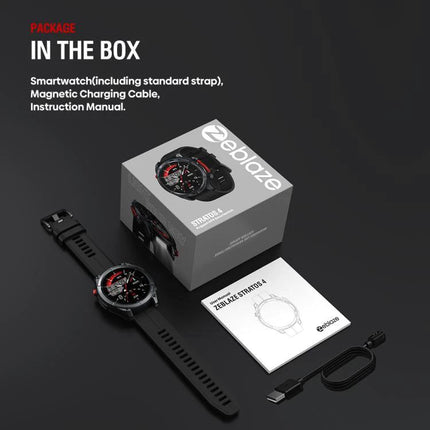 Zeblaze Smart Watch for Everyday Outdoor Exploration showing watch, box, charging cable and manual on black background