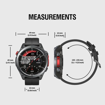 Zeblaze Smart Watch for Everyday Outdoor Exploration showing front and side views with measurements, 1.43-inch AMOLED, strap length and case dimensions