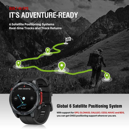 Zeblaze Smart Watch for Everyday Outdoor Exploration — hiker using built-in GPS and 6-satellite positioning on 1.43-inch AMOLED display