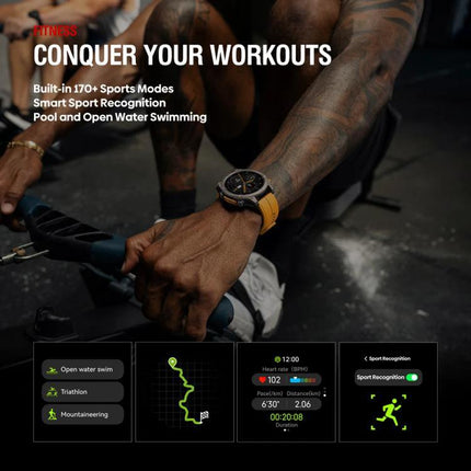 Zeblaze Smart Watch for Everyday Outdoor Exploration showing AMOLED display, GPS route tracking, heart-rate and workout modes on a wrist during rowing