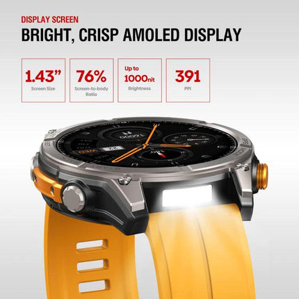 Zeblaze Smart Watch for Everyday Outdoor Exploration showing 1.43-inch AMOLED display, 76% screen-to-body, 1000 nits brightness, 391 PPI