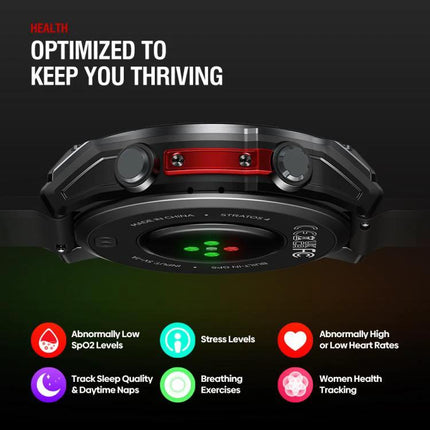 Zeblaze Smart Watch for Everyday Outdoor Exploration – rugged smartwatch back view showing heart-rate and SpO2 sensors with health tracking icons