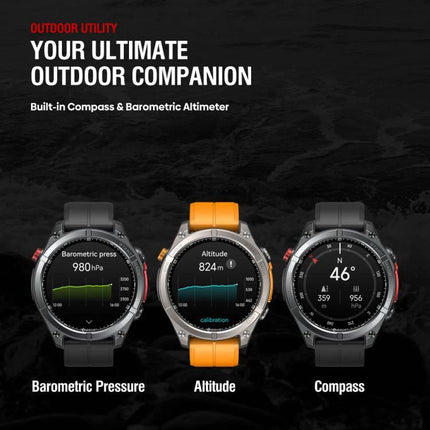 Zeblaze Smart Watch for Everyday Outdoor Exploration showing three watches displaying barometric pressure, altitude (824m) and compass on 1.43-inch AMOLED screens