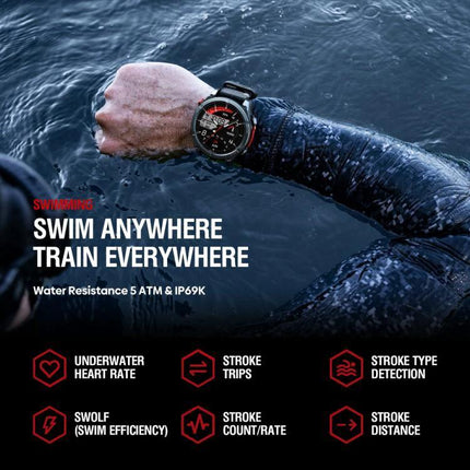 Zeblaze Smart Watch for Everyday Outdoor Exploration showing swimmer wearing watch in water with AMOLED display and fitness tracking features
