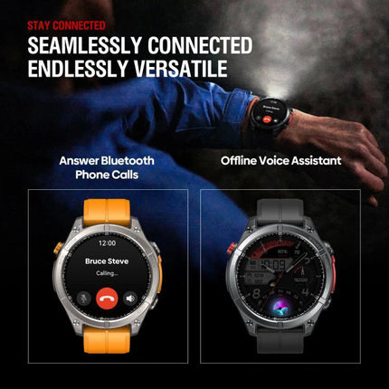 Zeblaze Smart Watch for Everyday Outdoor Exploration - AMOLED GPS smartwatch showing Bluetooth call screen and offline voice assistant, orange and black bands