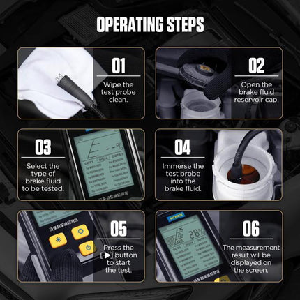 AUTOOL Brake Fluid Tester for Everyday Vehicle Maintenance - step-by-step operating steps showing wiping probe, opening reservoir, selecting fluid type, immersing probe, pressing test button, and result display