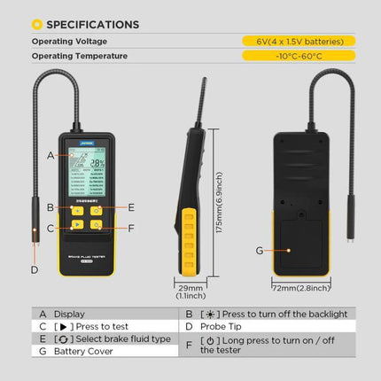 AUTOOL Brake Fluid Tester for Everyday Vehicle Maintenance - handheld tester with probe, display, buttons and battery cover for checking brake fluid quality