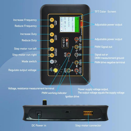 Essential Automotive Tester for Routine Vehicle Maintenance, compact diagnostic device showing labeled ports and TFT color screen