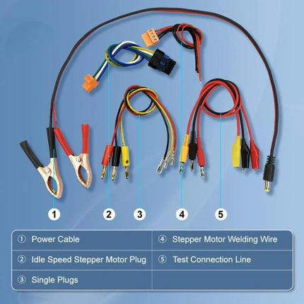 Essential Automotive Tester for Routine Vehicle Maintenance showing labeled power cable, plugs, stepper motor and test connection lines