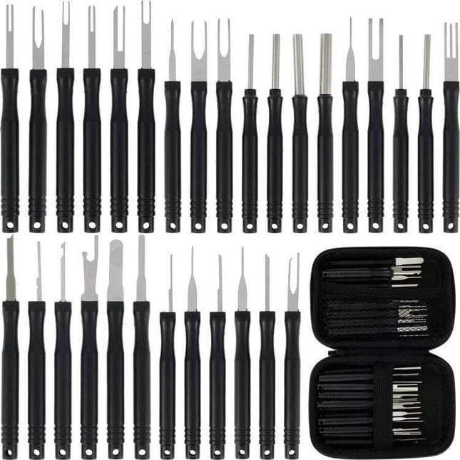 30-Piece Car Wire Harness Terminal Pin Removal Tool Set with 30 stainless steel picks and carrying case for automotive wiring and car audio repairs